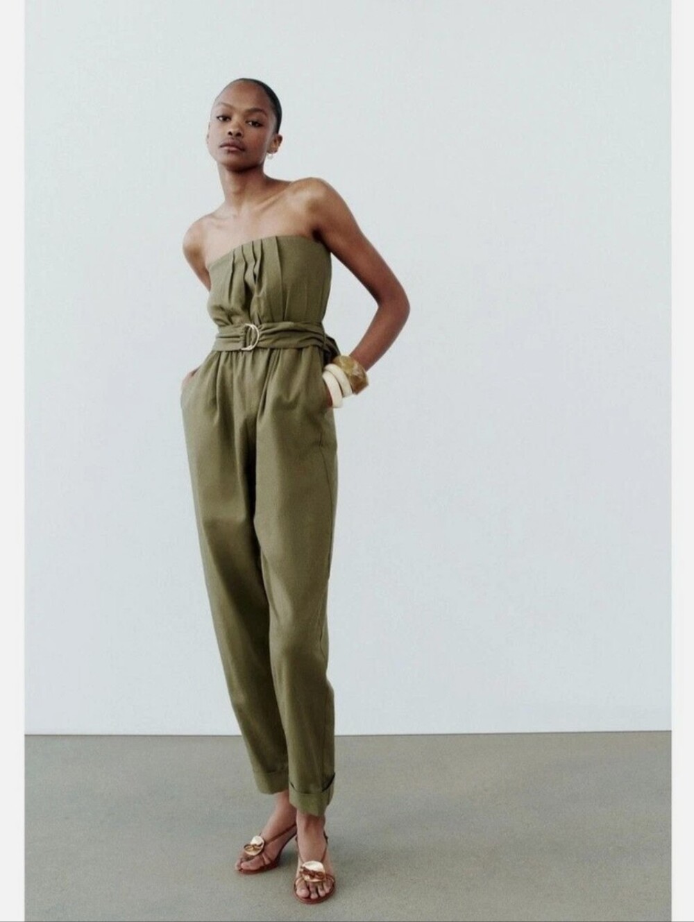Zara Jumpsuit NWT Size S Green Belted Linen Pockets Zip At Back Strapless Boho